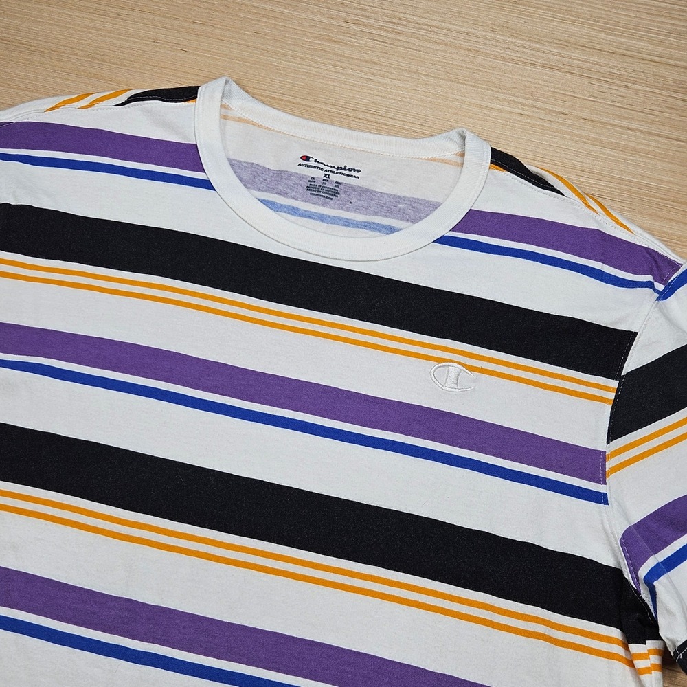 Champion T-Shirt Mens XL White Purple Skater Striped Short Sleeve Crew Neck Tee